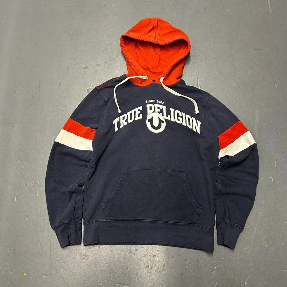 Men's Y2K True religion graphic hoodie Navy orange and white
